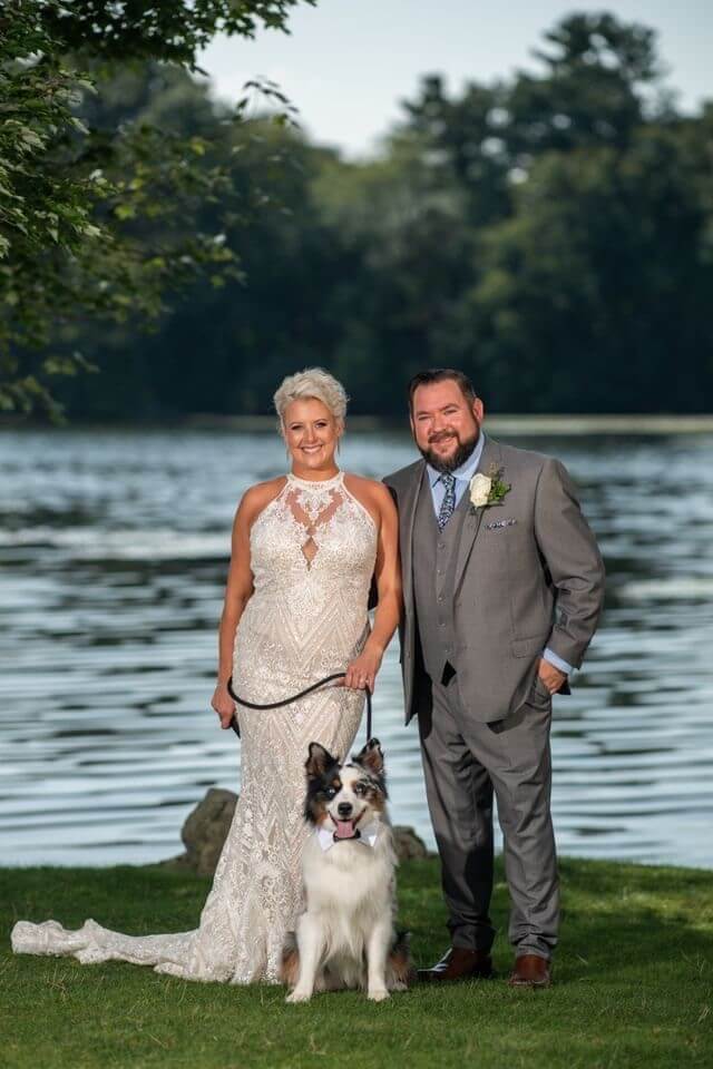 bride and groom and dog